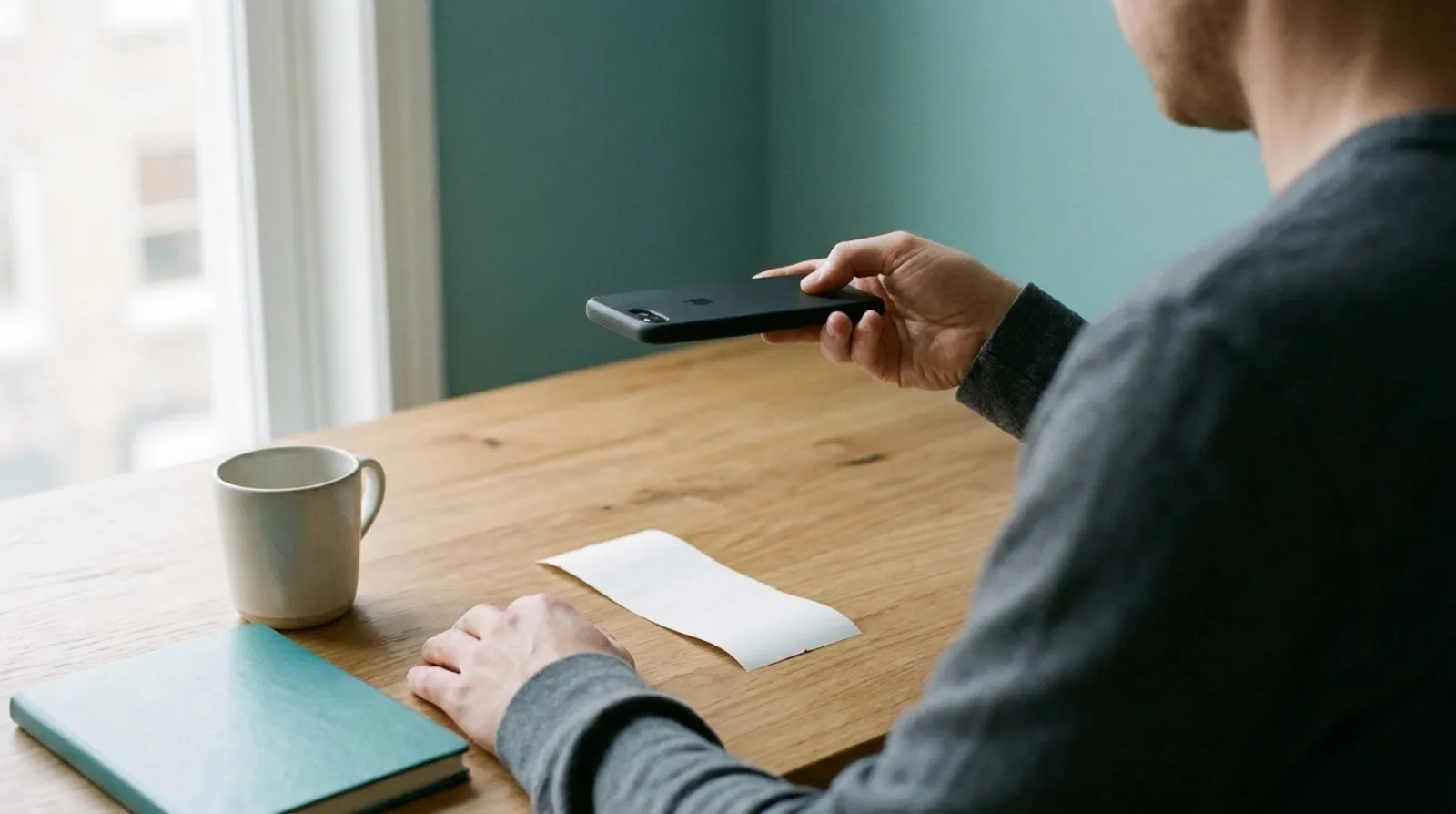 A hand holding a phone over a single receipt on a desk, photographing it
